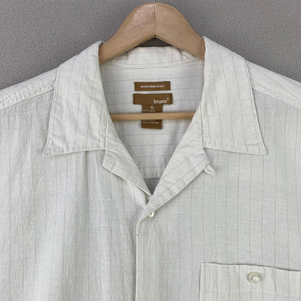bruno Washable Linen Camp Shirt Mens XL White Striped Loop Collar Beach Preppy